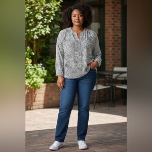 Notations Black White Paisley Blouse XL Long Sleeve Split Neck Button Top